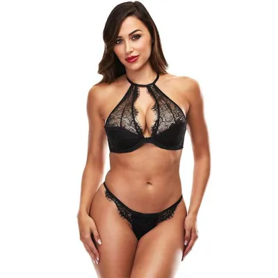 Sexy Lace Halter Set Black Small medium