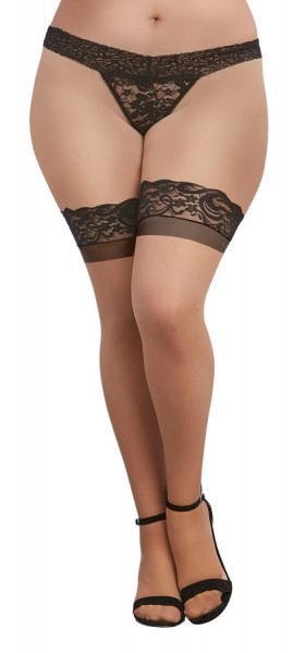 Dreamgirl Plus Size Nude/Black Cuban Heel Sheer Stay-Up Thigh High Stockings