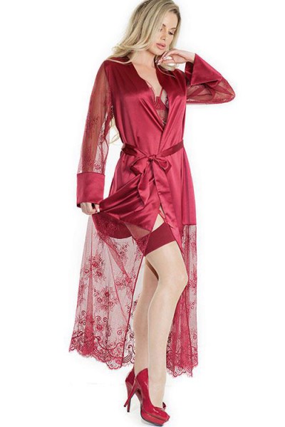 Coquette Bordeaux Babe Long Satin & Eyelash Lace Robe