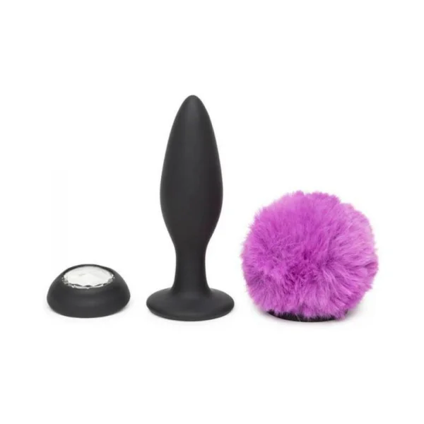 Happy Rabbit Rechargeable Vibrating Butt Plug With Interchangeable Gem And Purple Puff Medium