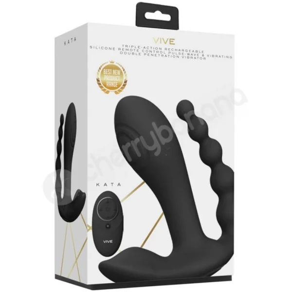Vive Kata Pulse Wave & Vibrating Double Penetration Black Vibrator