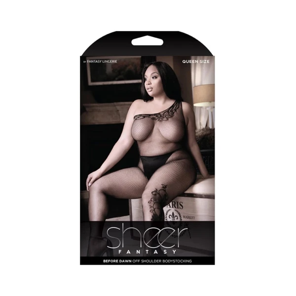 Sheer Before Dawn Off Shoulder Net Bodystocking With Vine Detail One Size