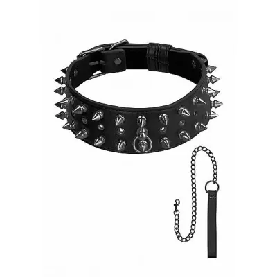 Ouch Skulls Bones Biker Spike Collar with Leash Black