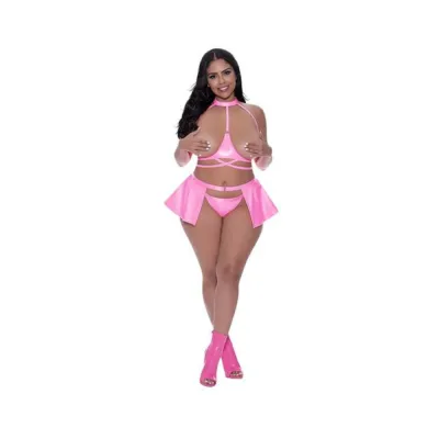 Women s Lingerie Magic Silk Hard Candy Halter Bra Skirt Thong Pink Queen Size