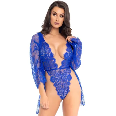 3pc Lace Teddy and Robe Set Medium Royal Blue