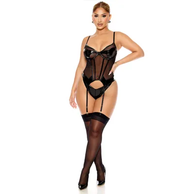 Opposites Attract 2 Piece Mesh Vinyl Bustier Set with Matching Panty Attached Garters By Forplay