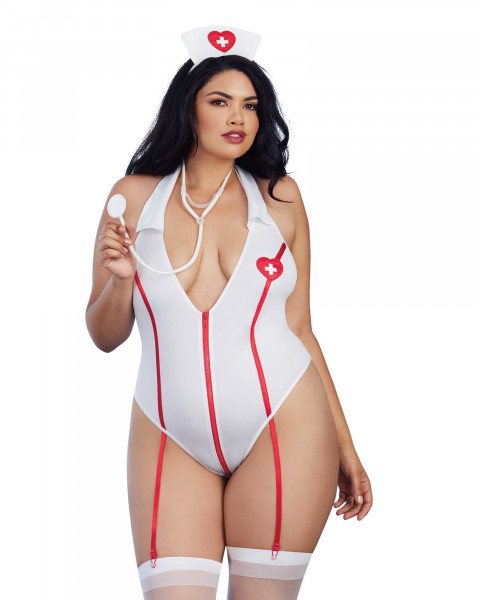 Dreamgirl One Size White Naughty Nurse Stretch Knit Teddy with Zipper