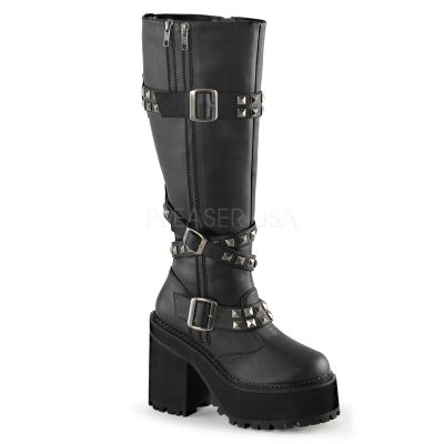 4 3 4 inches Heel 2 1 4 inches PF Knee Boot w Studded Straps Side Zip