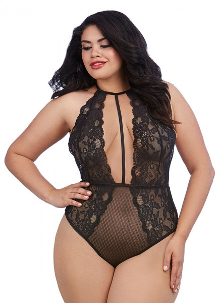 Dreamgirl Plus Size Black Stretch Lace and Patterned Mesh Teddy with Plunge Front