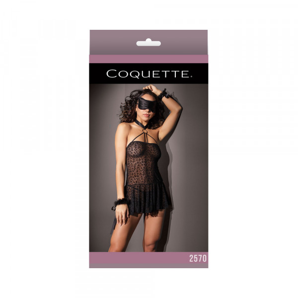 Kitty Leopard Mesh Halter Babydoll W/ Cuffs & Eye Mask Os