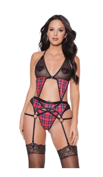 Plaid Peek-A-Boo Bra, Panties & Matching Garter Belt — image 10 of 16