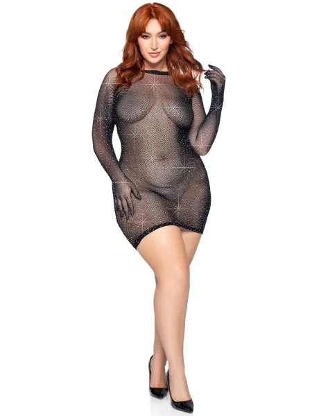 Rhinestone Fishnet Gloved Dress - 1x-2x