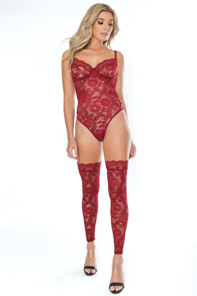 Deep Red Floral Lace Teddy With Adjustable Strappy Back — image 7 of 8
