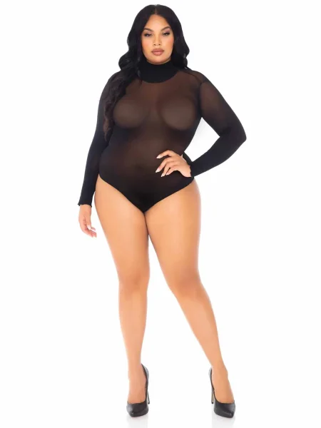 Opaque High Neck Long Sleeve Bodysuit With Snap  Crotch - 1x-2x - Black