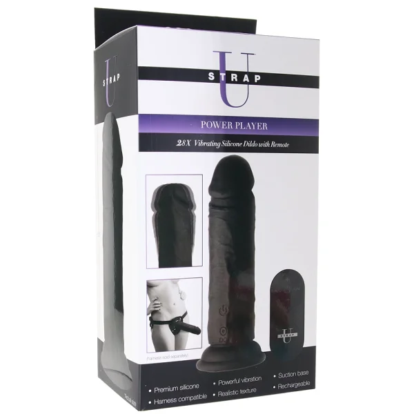 Strap U Power Player 28X Vibrating Rechargeable 6.5" Silicone Dildo With Remote - Black