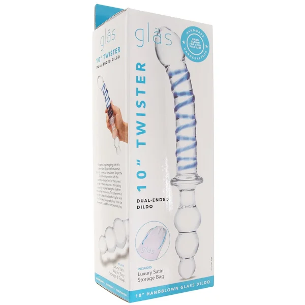 Gläs 10" Twister Dual-Ended Glass Dildo  - Clear & Blue