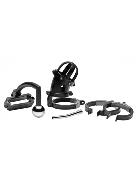 MALE CONFINEMENT CHASTITY CAGE WITH BALL CLAMP AND ANAL HOOK
