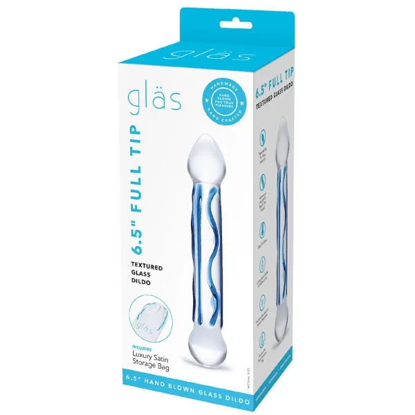 Gläs Full Tip Textured Glass Dildo - Clear & Blue