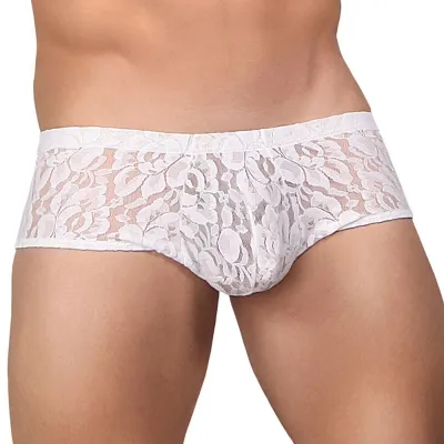 Male Power Stretch Lace Mini Short White Med