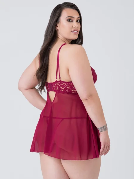 Lovehoney Plus Size Parisienne Wine Lace Plunge Babydoll Set