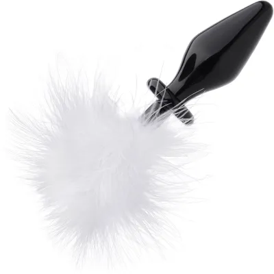 Tailz Fluffer Black Glass Anal Plug With White Faux Bunny Tail