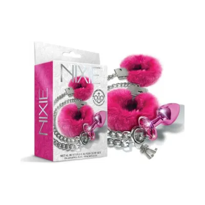 Nixie Metal Butt Plug Furry Handcuff Set Medium Pink Metallic