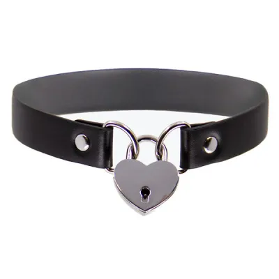 Love In Leather Silver Heart Padlock Choker