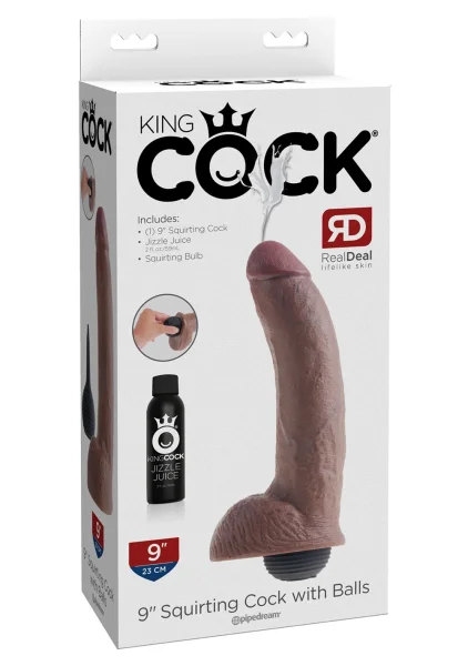 King Cock 9" Squirting Cock With Balls - Chocolate