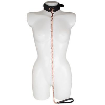 Bondara Black Faux Leather Collar with Rose Gold Leash