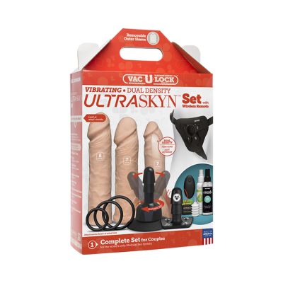 Vac U Lock Vibrating Ultraskyn Couples Set with Remote Beige