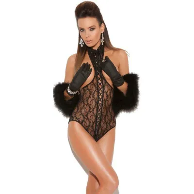Black Lace Cupless Teddy with Open Back One Size and Queen Available