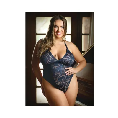 Curve Cara Strappy Stretch Lace Teddy With Snap Crotch Closure 1x 2x Ink Blue