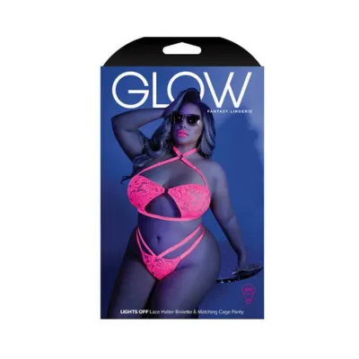 Glow Lights Off Lace Halter Bralette Cage Panty Neon Pink Qs
