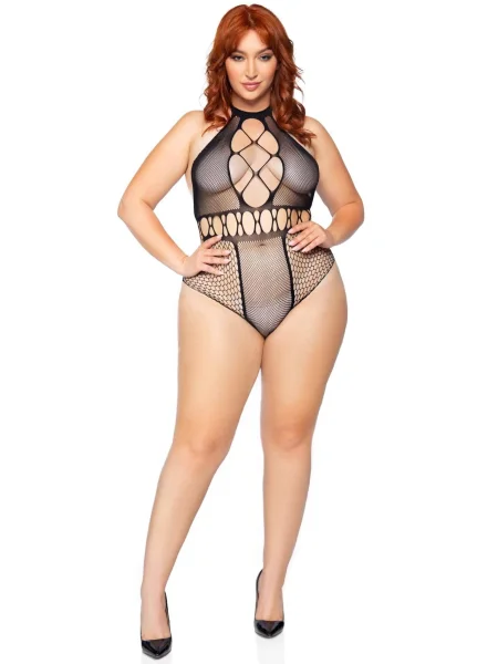Multi Net Halter Bodysuit - 1x-2x - Black