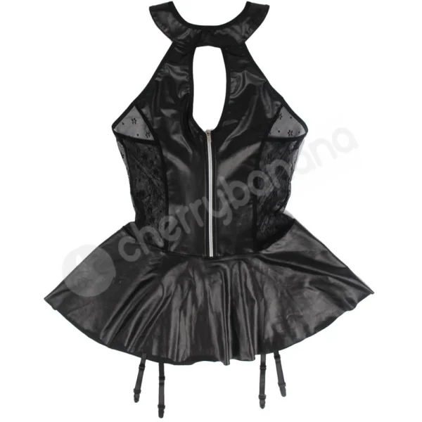 Cherry Banana Black Faux Leather Dress With Zipper Front & Tie-up Back