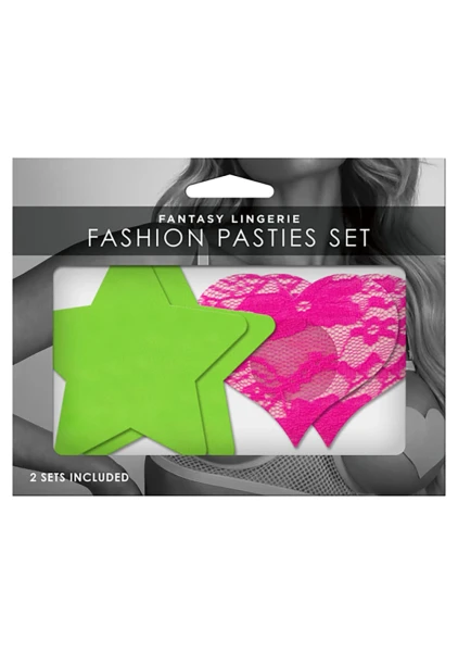 Fashion Pasties Set - Neon Green Solid Star / Neon Pink Lace Heart — image 4 of 4