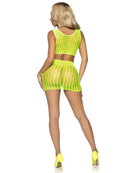 2 Pc. Crochet Net Crop Top and Mini Skirt - One Size - Neon Yellow