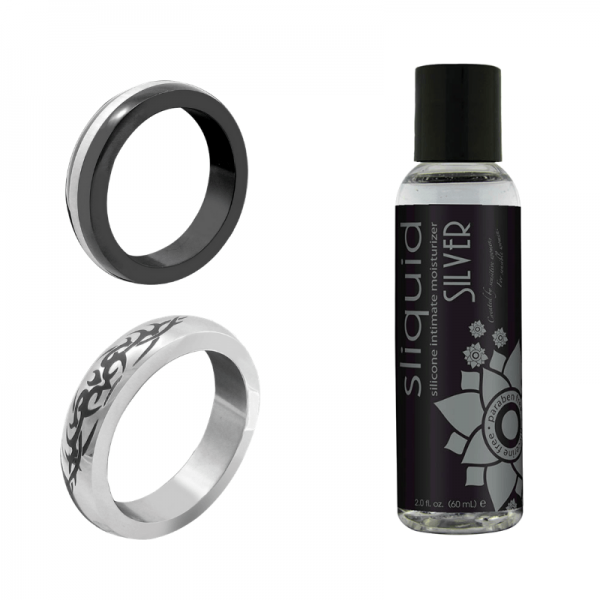 M2M Metal Cock Rings Exclusive Bundle: 2 C-Rings & Silicone Lubricant