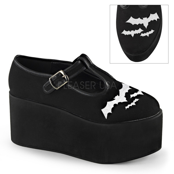 3 1/4 inches PF T-Strap w/Bat Embroidery, Buckle & Piping Detail