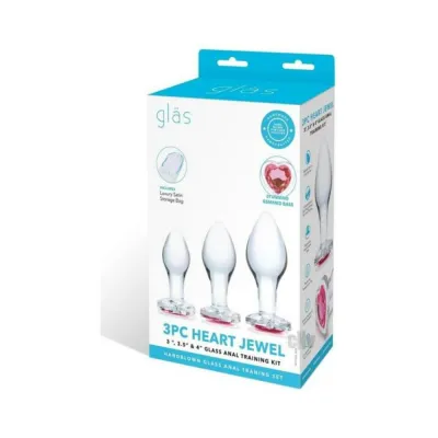 Anal Trainers Glas Heart Jewel 3 piece Glass Anal Plug With Heart shaped Gem Base Set