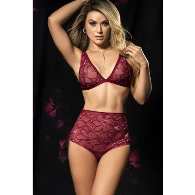 Mapale by Espiral Shine On Burgundy Floral Lace Mesh Bra with High Waist Panty