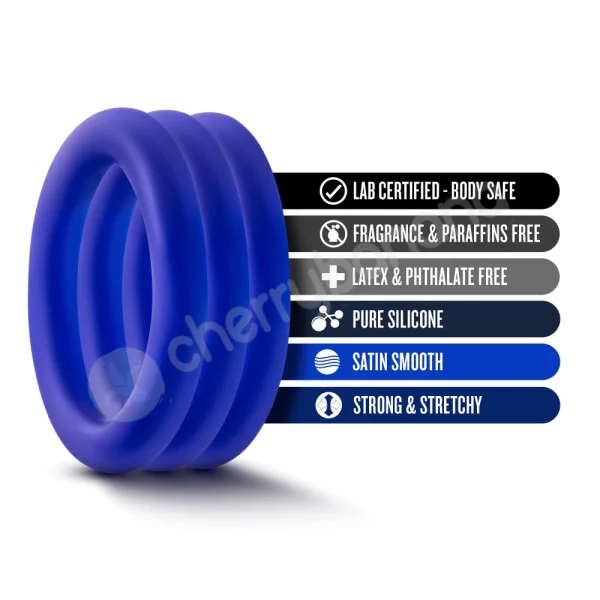 Performance VS2 Pure Premium Silicone Blue Cock Rings Small 3 Pack