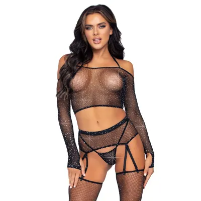 4 Pc Rhinestone Crop Top G String Garter Belt and Stockings One Size Black