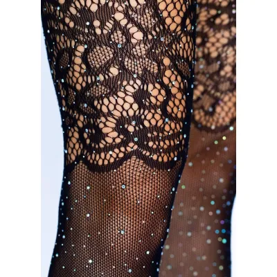 Rhinestone Lace Top Fishnet Stockings One Size Black