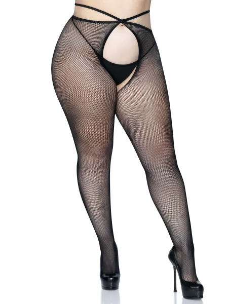 Micro Net Strappy Crotchless Tights - 1x-2x - 1x-2x - Black