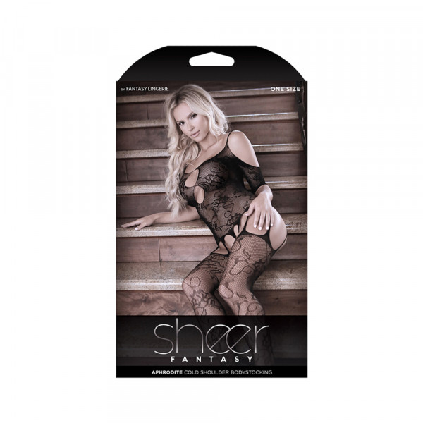 Sheer Aphrodite Floral Net Cold Shoulder Gartered Bodystocking With Cutout Sleeves One Size