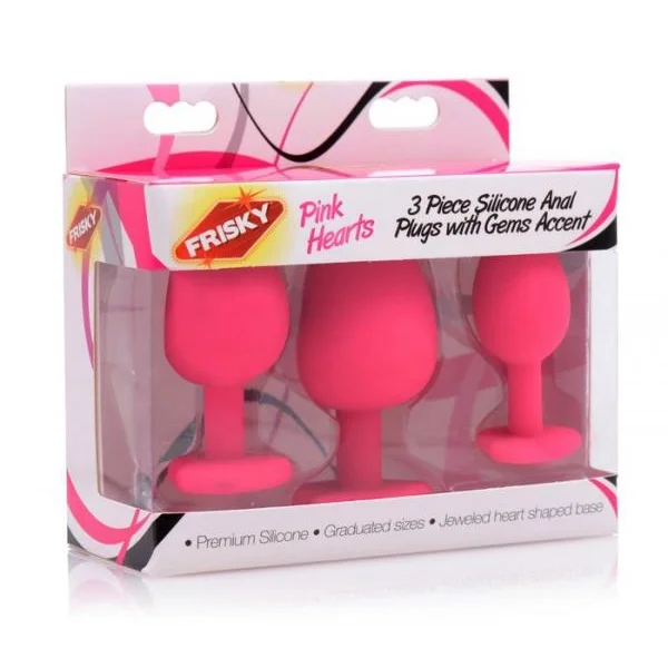 Pink Hearts 3 Piece Silicone Anal Plugs with Gems