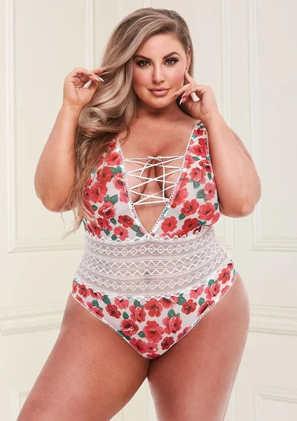 White Floral & Lace Teddy With Lace-Up Front — image 12 of 13