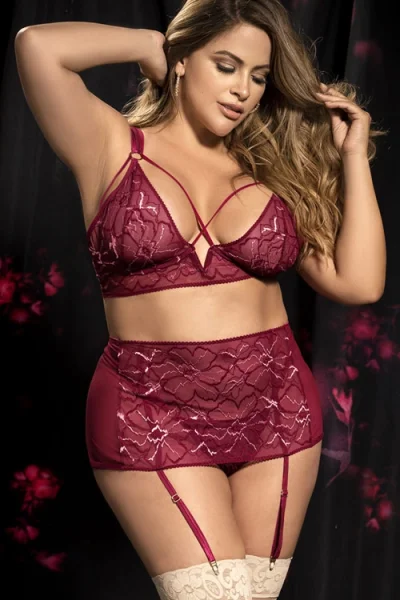 Mapale by Espiral Shine On Burgundy Floral Lace & Mesh Bra with Garter Belt & Thong