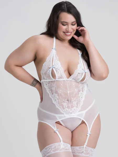 Lovehoney Plus Size Peek-a-Boo White Lace Merry Widow Bustier Set